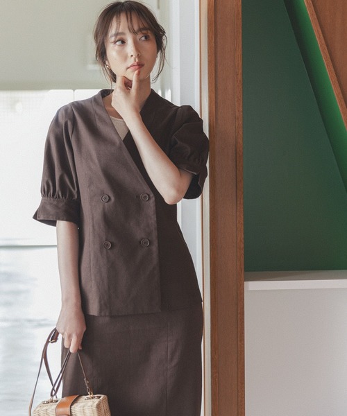 Andemiu（アンデミュウ）の「パフジャケット343371（ノーカラージャケット・レディース・ブラウン/グレー/ブルー・FREE）」の4枚目の写真