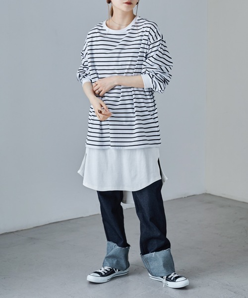 Fashion Letter(ファッションレター)の「フライスコットンレイヤードロングキャミソール(キャミソール・レディース・ブラック/オフホワイト/グレイッシュベージュ・LL/3L/M/L/4L)」の4枚目の写真
