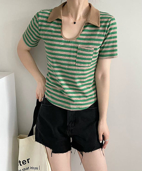 Girly Doll(ガーリードール)の「ポロカラーフロントポケットボーダーTシャツ(Tシャツ/カットソー・レディース・グリーン・F)」の1枚目の写真