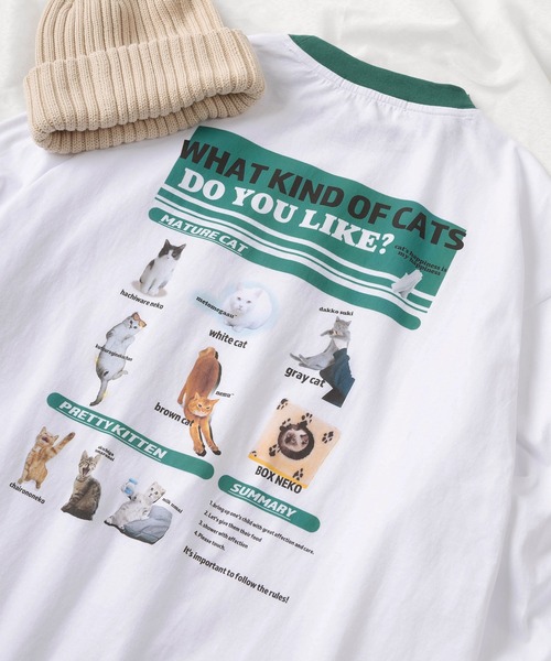 make a ray!（メイク ア レイ！）の「キャット プリント リンガー ロングスリーブTシャツ /猫プリント 長袖カットソー/【韓国スタイル】（Tシャツ/カットソー・レディース・グリーン/キャメル/ブラック・M/L）」の3枚目の写真