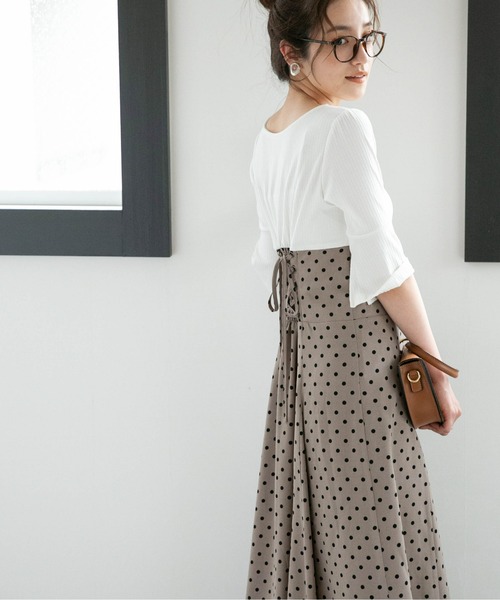 NANO universe(ナノユニバース)の「LB.04/ドットウエストレースアップワンピース【低身長サイズ有】(ワンピース・レディース・ブラック/ホワイト/ベージュ・P/FREE)」の3枚目の写真