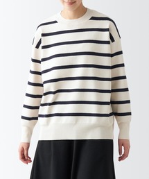 無印良品 | 洗えるミラノリブ編みクルーネックセーター　オフ白ボーダー(ニット/セーター)