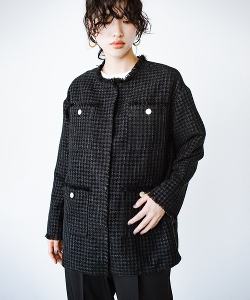 haco!（ハコ）の「きっちりと普段づかいの両立可能！　しっかり使えてちゃんと華やぐツイードジャケット〈日々グッジョ部’s idea〉（その他アウター・レディース・ブラック・MEDIUM/SMALL/X-LARGE/LARGE）」の5枚目の写真