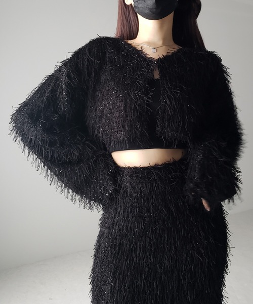 me+em select(ミームセレクト)の「【 セットアップ可能 】シャギーフリンジショートカーディガン /shaggy fringe short cardigan(カーディガン/ボレロ・レディース・ブラック/アイボリー・FREE)」の19枚目の写真