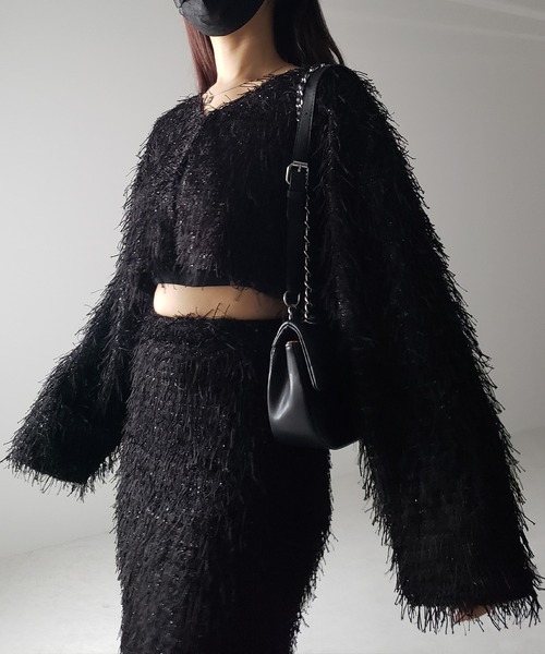 me+em select(ミームセレクト)の「【 セットアップ可能 】シャギーフリンジショートカーディガン /shaggy fringe short cardigan(カーディガン/ボレロ・レディース・ブラック/アイボリー・FREE)」の15枚目の写真