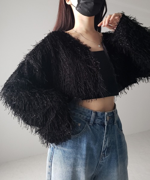 me+em select(ミームセレクト)の「【 セットアップ可能 】シャギーフリンジショートカーディガン /shaggy fringe short cardigan(カーディガン/ボレロ・レディース・ブラック/アイボリー・FREE)」の22枚目の写真