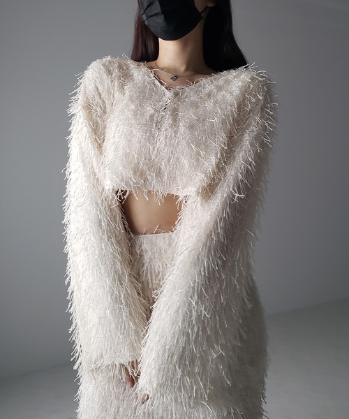me+em select(ミームセレクト)の「【 セットアップ可能 】シャギーフリンジショートカーディガン /shaggy fringe short cardigan(カーディガン/ボレロ・レディース・ブラック/アイボリー・FREE)」の8枚目の写真