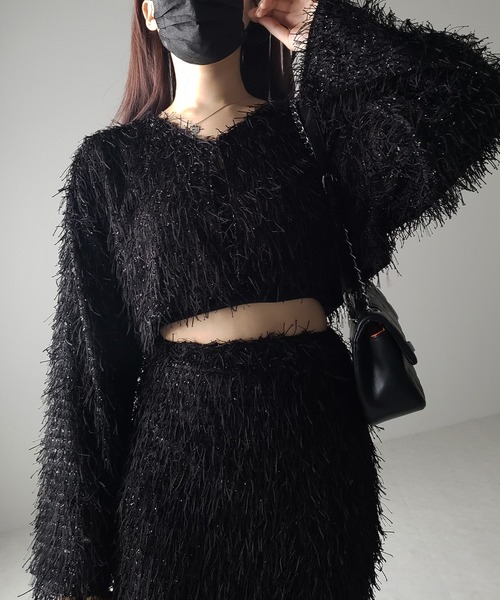 me+em select(ミームセレクト)の「【 セットアップ可能 】シャギーフリンジショートカーディガン /shaggy fringe short cardigan(カーディガン/ボレロ・レディース・ブラック/アイボリー・FREE)」の14枚目の写真