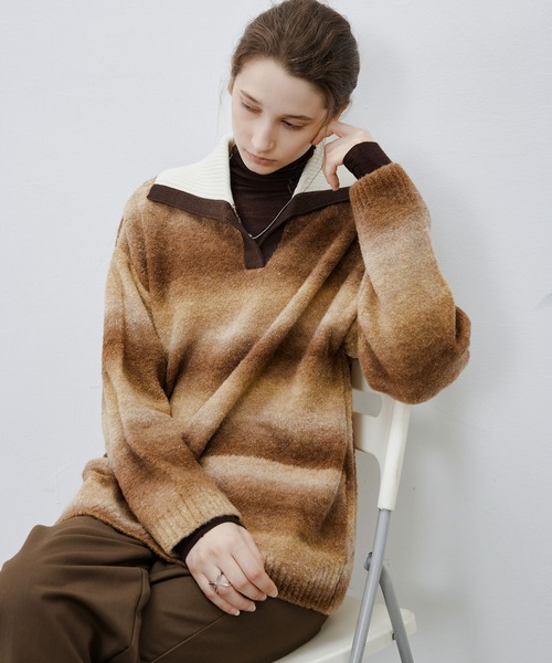 tageechita(タジチタ)の「【tageechita】グラデーションボーダーポロニット(ニット/セーター・レディース・ブラウン・M/S/L)」の17枚目の写真