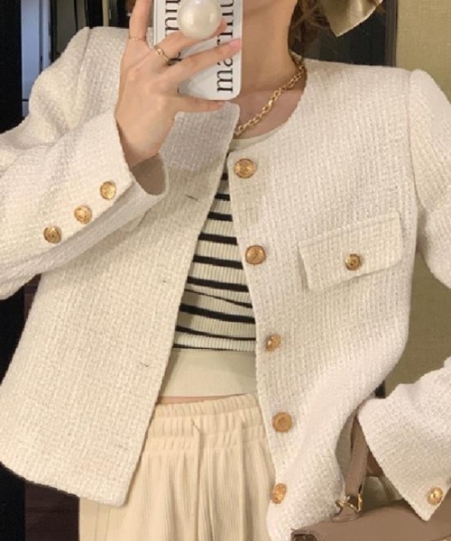 Ritzy（リッツィー）の「ノーカラー ツィードジャケット（ノーカラージャケット・レディース・ホワイト/ブラック・M/L/XL）」の2枚目の写真