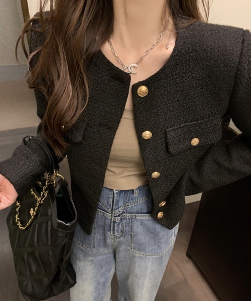 Ritzy（リッツィー）の「ノーカラー ツィードジャケット（ノーカラージャケット・レディース・ホワイト/ブラック・M/L/XL）」の12枚目の写真