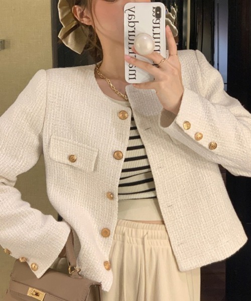Ritzy（リッツィー）の「ノーカラー ツィードジャケット（ノーカラージャケット・レディース・ホワイト/ブラック・M/L/XL）」の6枚目の写真