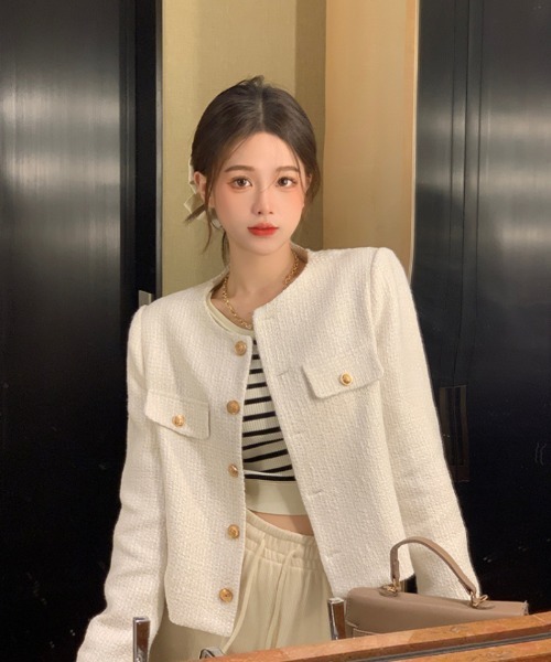 Ritzy（リッツィー）の「ノーカラー ツィードジャケット（ノーカラージャケット・レディース・ホワイト/ブラック・M/L/XL）」の7枚目の写真