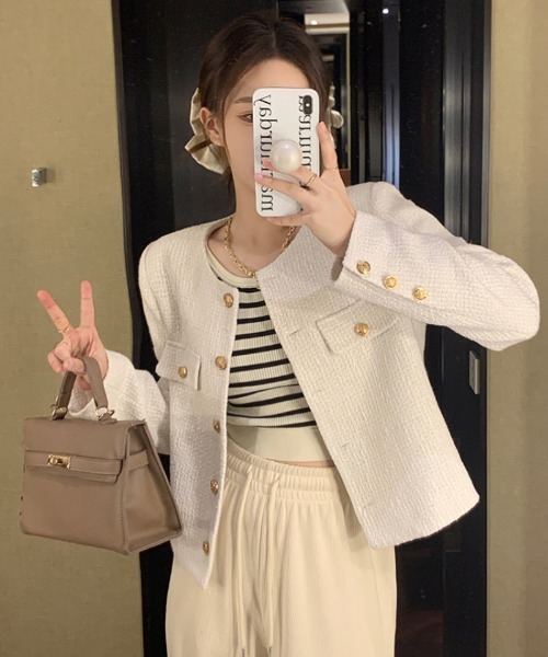 Ritzy（リッツィー）の「ノーカラー ツィードジャケット（ノーカラージャケット・レディース・ホワイト/ブラック・M/L/XL）」の9枚目の写真