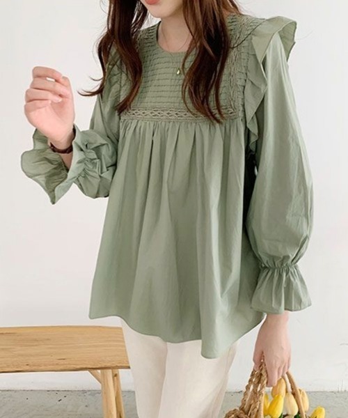 Miniministore(ミニミニストア)の「フリルブラウス レディース 長袖ブラウス(シャツ/ブラウス・レディース・ホワイト/グリーン/ブラック・XL/XXL/L)」の4枚目の写真