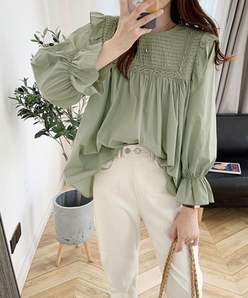 Miniministore(ミニミニストア)の「フリルブラウス レディース 長袖ブラウス(シャツ/ブラウス・レディース・ホワイト/グリーン/ブラック・XL/XXL/L)」の9枚目の写真