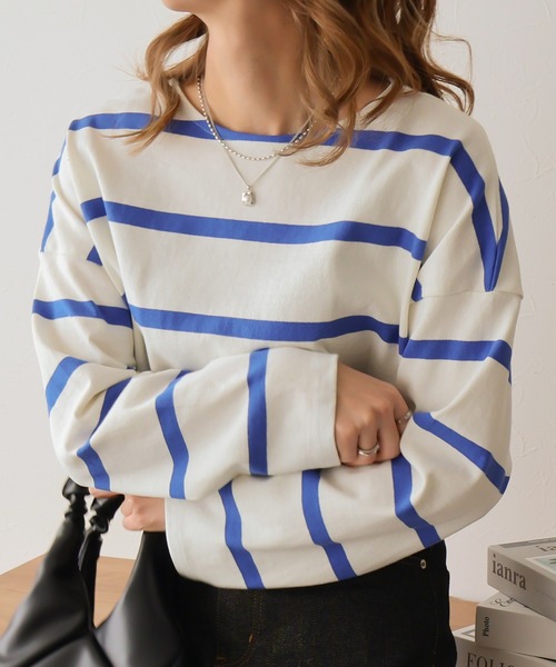 Social GIRL(ソーシャルガール)の「ワイドボーダーミドル丈ロンTシャツ(Tシャツ/カットソー・レディース・グレイッシュベージュ/ホワイト系その他/ホワイト・FREE)」の3枚目の写真