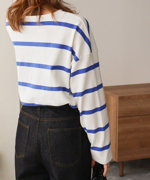 Social GIRL(ソーシャルガール)の「ワイドボーダーミドル丈ロンTシャツ(Tシャツ/カットソー・レディース・グレイッシュベージュ/ホワイト系その他/ホワイト・FREE)」の18枚目の写真