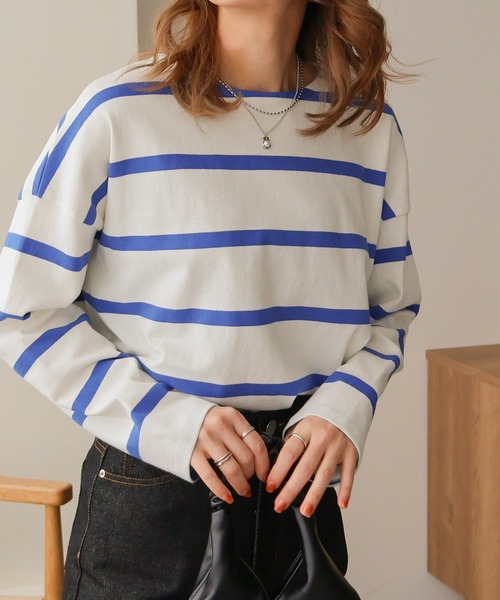 Social GIRL(ソーシャルガール)の「ワイドボーダーミドル丈ロンTシャツ(Tシャツ/カットソー・レディース・グレイッシュベージュ/ホワイト系その他/ホワイト・FREE)」の19枚目の写真