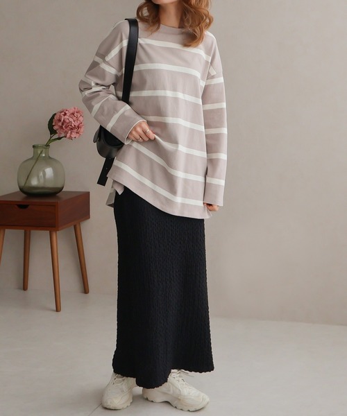 Social GIRL(ソーシャルガール)の「ワイドボーダーミドル丈ロンTシャツ(Tシャツ/カットソー・レディース・グレイッシュベージュ/ホワイト系その他/ホワイト・FREE)」の22枚目の写真
