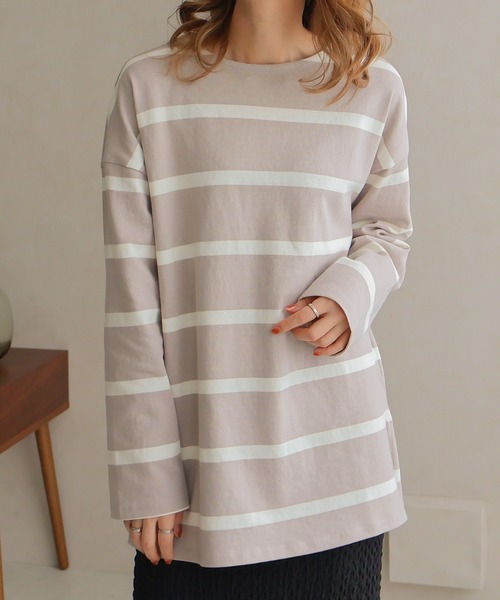 Social GIRL(ソーシャルガール)の「ワイドボーダーミドル丈ロンTシャツ(Tシャツ/カットソー・レディース・グレイッシュベージュ/ホワイト系その他/ホワイト・FREE)」の11枚目の写真