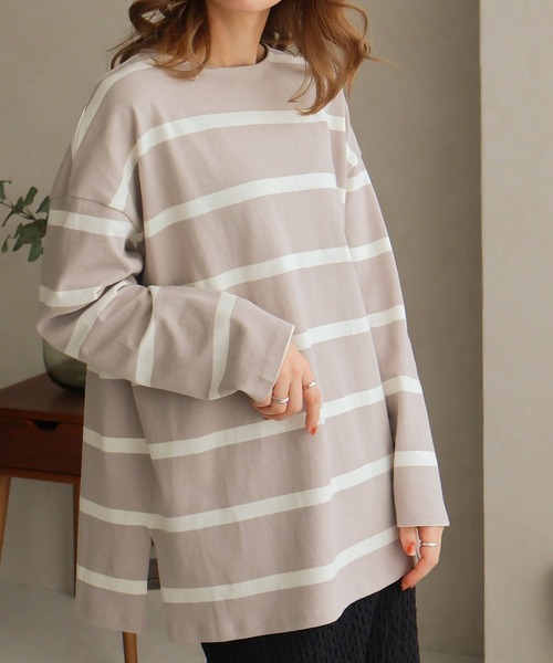 Social GIRL(ソーシャルガール)の「ワイドボーダーミドル丈ロンTシャツ(Tシャツ/カットソー・レディース・グレイッシュベージュ/ホワイト系その他/ホワイト・FREE)」の13枚目の写真