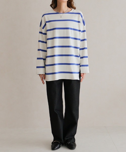 Social GIRL(ソーシャルガール)の「ワイドボーダーミドル丈ロンTシャツ(Tシャツ/カットソー・レディース・グレイッシュベージュ/ホワイト系その他/ホワイト・FREE)」の6枚目の写真