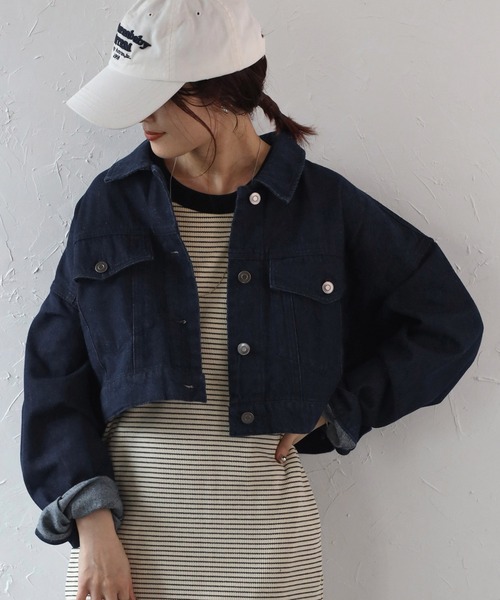 Fizz(フィズ)の「【Fizz/フィズ】 10oz ショート丈トラッカージャケット(デニムジャケット・レディース・アイボリー/ネイビー・FREE)」の2枚目の写真