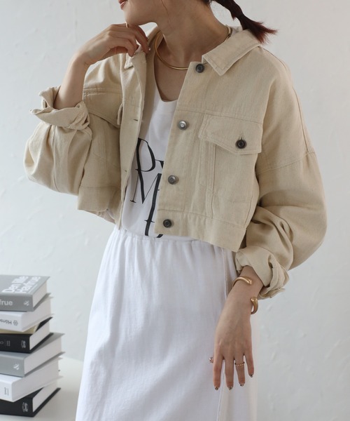 Fizz(フィズ)の「【Fizz/フィズ】 10oz ショート丈トラッカージャケット(デニムジャケット・レディース・アイボリー/ネイビー・FREE)」の3枚目の写真
