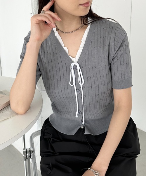 CLEA(クレア)の「フロントリボンカーディガントップス(Tシャツ/カットソー・レディース・アイボリー/ブラック/ベージュ/グレー・FREE)」の11枚目の写真