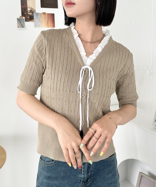 CLEA(クレア)の「フロントリボンカーディガントップス(Tシャツ/カットソー・レディース・アイボリー/ブラック/ベージュ/グレー・FREE)」の5枚目の写真