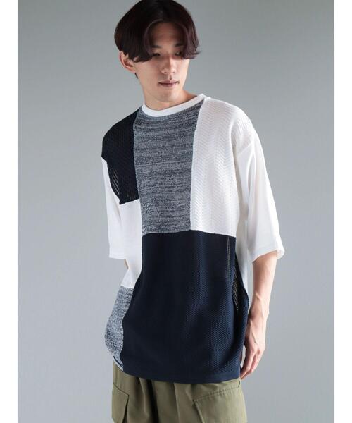 CRAFT STANDARD BOUTIQUE(クラフトスタンダードブティック)の「ブロッキング半袖ニットTEE(Tシャツ/カットソー・メンズ・ブラック/オフホワイト/ネイビー・M/L/XL)」の20枚目の写真