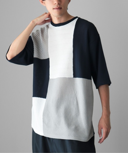 CRAFT STANDARD BOUTIQUE(クラフトスタンダードブティック)の「ブロッキング半袖ニットTEE(Tシャツ/カットソー・メンズ・ブラック/オフホワイト/ネイビー・M/L/XL)」の1枚目の写真