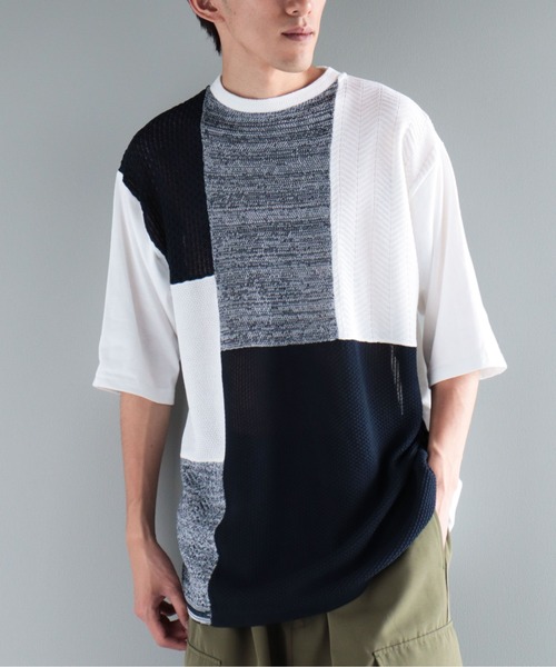 CRAFT STANDARD BOUTIQUE(クラフトスタンダードブティック)の「ブロッキング半袖ニットTEE(Tシャツ/カットソー・メンズ・ブラック/オフホワイト/ネイビー・M/L/XL)」の2枚目の写真