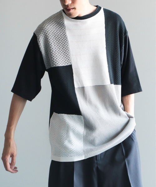 CRAFT STANDARD BOUTIQUE(クラフトスタンダードブティック)の「ブロッキング半袖ニットTEE(Tシャツ/カットソー・メンズ・ブラック/オフホワイト/ネイビー・M/L/XL)」の3枚目の写真