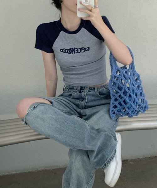 VIBGYOR(ヴィブジョー)の「【EIZZ/アイズ】ショート 半袖 リブ Tシャツ ラグラン(Tシャツ/カットソー・レディース・ネイビー/ピンク・SMALL/MEDIUM/LARGE)」の13枚目の写真