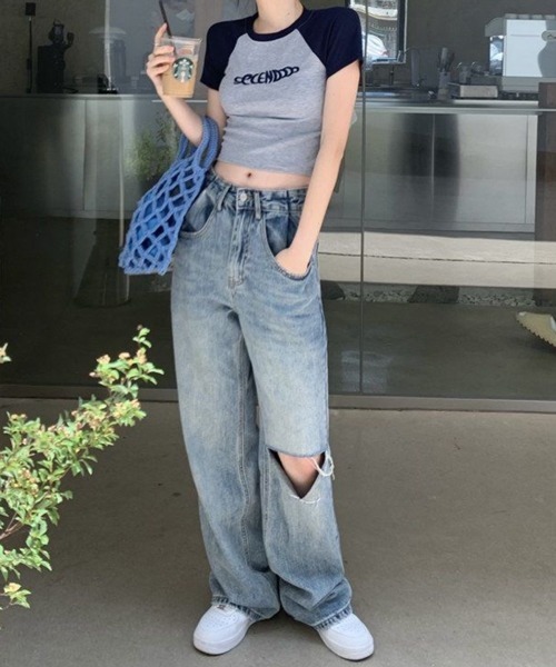 VIBGYOR(ヴィブジョー)の「【EIZZ/アイズ】ショート 半袖 リブ Tシャツ ラグラン(Tシャツ/カットソー・レディース・ネイビー/ピンク・SMALL/MEDIUM/LARGE)」の4枚目の写真