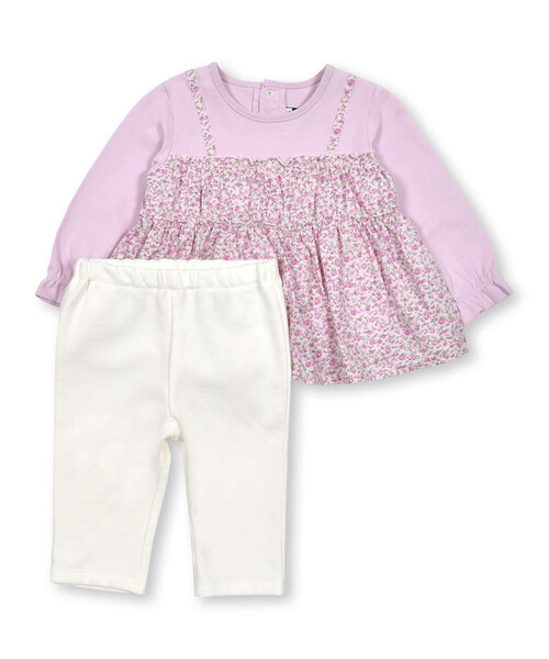 【セール】ローン花柄レイヤードデザイン長袖Tシャツ+パンツセット(80~90cm)（その他ベビーウェア）｜BeBe（ベベ）