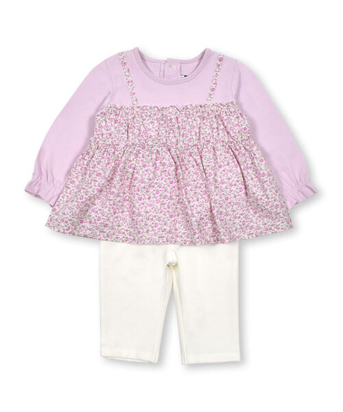 【セール】ローン花柄レイヤードデザイン長袖Tシャツ+パンツセット(80~90cm)（その他ベビーウェア）｜BeBe（ベベ）