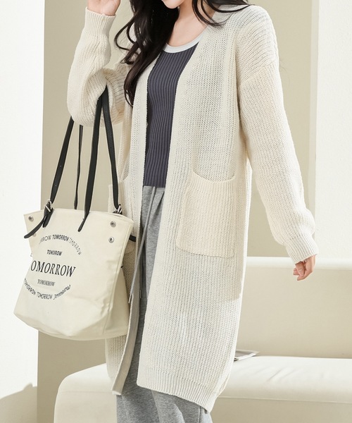 Lace Ladies（レースレディース）の「ソリッドカラー ボリューム袖 ロング ニット コート（カーディガン/ボレロ・レディース・ベージュ/モカ/アイボリー/グレー・FREE）」の2枚目の写真