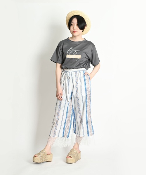 MARAI（マーライ）の「ストライプ柄 レースレイヤードフレアパンツ クロップド丈（その他パンツ・レディース・ホワイト/ベージュ・FREE）」の18枚目の写真