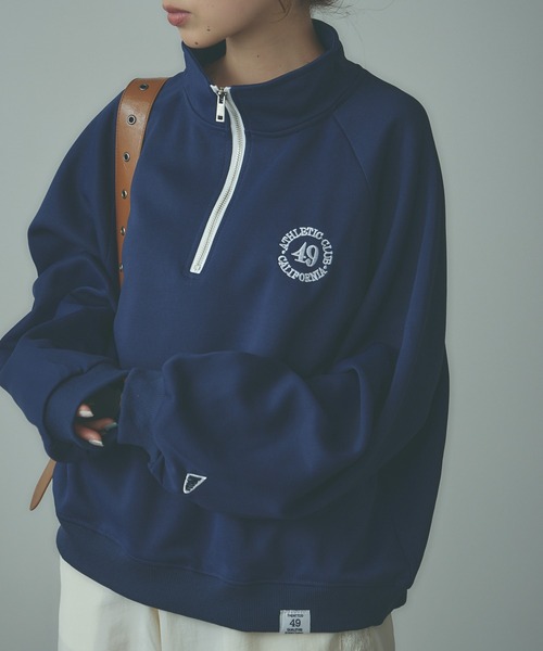 BLANK (ブランク)の「▲Embroidered Half Zip Sweatshirt / 刺繍ハーフジップスウェット(スウェット・レディース・ネイビー/アッシュグレー・FREE)」の2枚目の写真