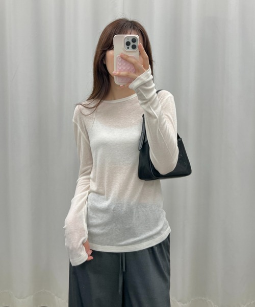 GIUNON（ジウノン）の「back stitch sheer tops / バックステッチシアートップス（Tシャツ/カットソー・レディース・アイボリー/ブラック/グレー/ブルー・FREE）」の5枚目の写真