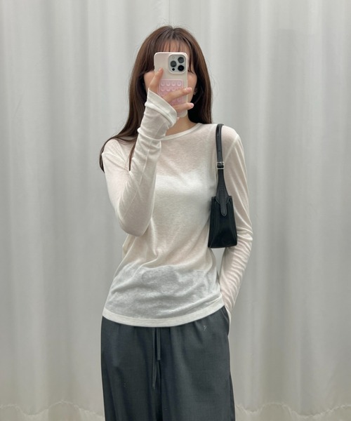 GIUNON（ジウノン）の「back stitch sheer tops / バックステッチシアートップス（Tシャツ/カットソー・レディース・アイボリー/ブラック/グレー/ブルー・FREE）」の7枚目の写真