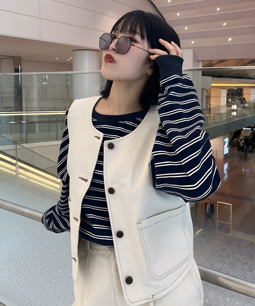 favclo.(ファブクロ)の「denim vest / デニムベスト(ベスト・レディース・インディゴブルー/アイボリー・FREE)」の4枚目の写真