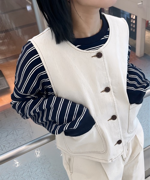 favclo.(ファブクロ)の「denim vest / デニムベスト(ベスト・レディース・インディゴブルー/アイボリー・FREE)」の6枚目の写真