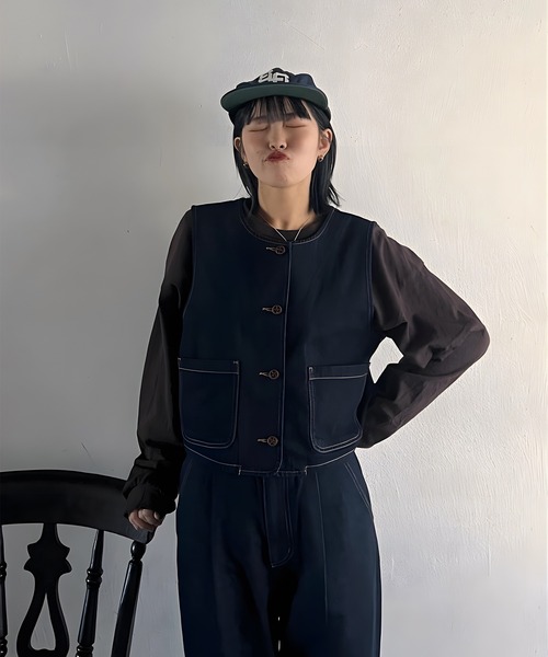 favclo.(ファブクロ)の「denim vest / デニムベスト(ベスト・レディース・インディゴブルー/アイボリー・FREE)」の10枚目の写真