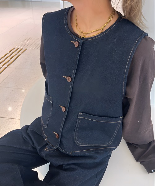favclo.(ファブクロ)の「denim vest / デニムベスト(ベスト・レディース・インディゴブルー/アイボリー・FREE)」の13枚目の写真