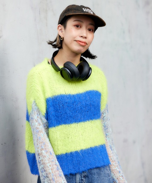 RODEO CROWNS WIDE BOWL（ロデオクラウンズワイドボウル）の「アームメッシュボーダーニットトップス（ニット/セーター・レディース・イエロー系その他/ブルー系その他/パープル系その他・FREE）」の4枚目の写真