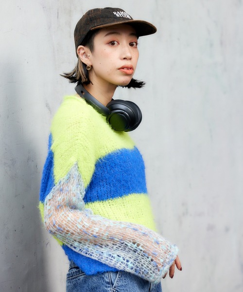 RODEO CROWNS WIDE BOWL（ロデオクラウンズワイドボウル）の「アームメッシュボーダーニットトップス（ニット/セーター・レディース・イエロー系その他/ブルー系その他/パープル系その他・FREE）」の5枚目の写真